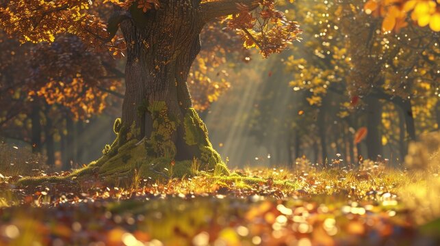 A snippet of a sunny autumn woodland and a youthful oak