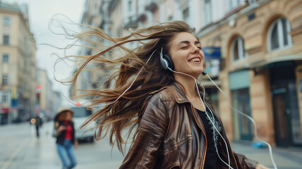 Fototapeta premium Excited girl dancing and listening music with headphones