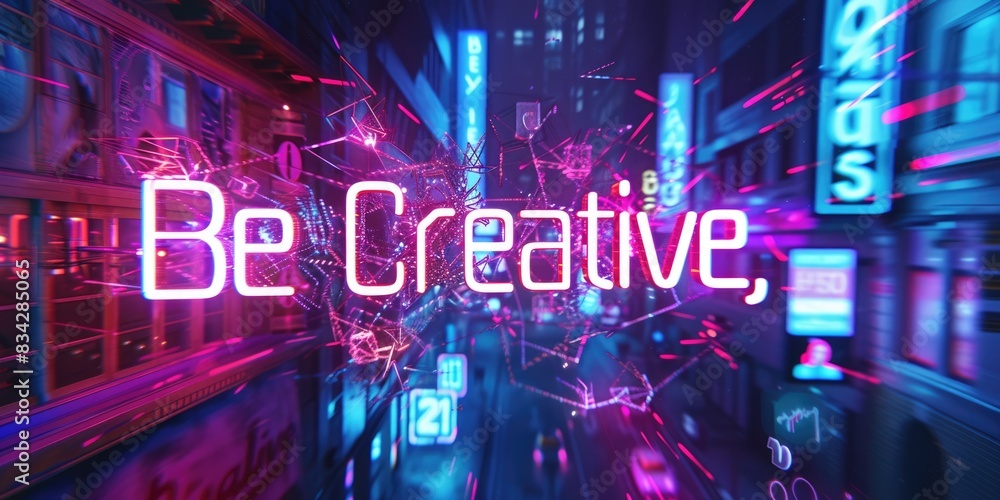Poster letter of be creative in variant texture with bright light neon color in futuristic design with 3d d