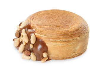 Round croissant with chocolate paste and nuts isolated on white. Tasty puff pastry