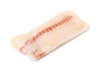 Piece of raw cod fish isolated on white, top view