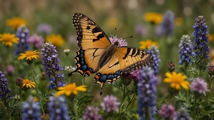 Obraz premium The delicate dance of butterflies amidst a field of wildflowers ai_generated