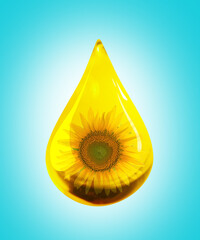Cooking oil drop with sunflower inside on light blue background