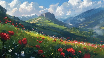 Afternoon scene of flowers being painted on a hill