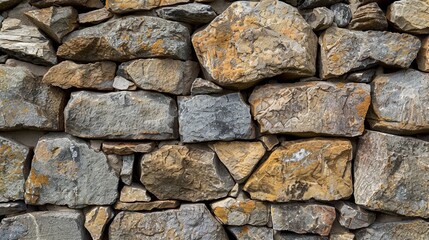 Fieldstone wall with rough texture, muted light, natural hues, diagonal composition,