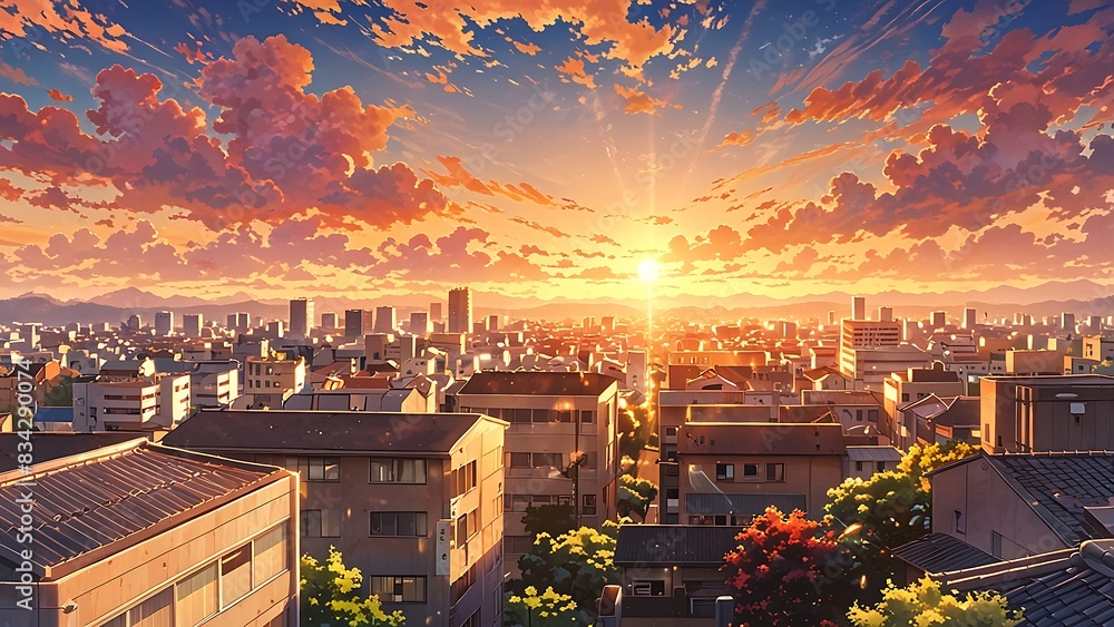 Poster Anime world with nature comic manga style. Vibrant Apocalyptic city wallpaper