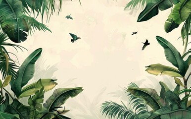 Tropical jungle wallpaper bird, Tropical leaves, tropical flowers wallpaper for digital printing. Exotic jungle wallpaper. AI generated illustration