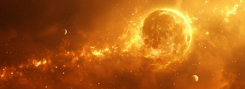 Big fiery sun with planets and fire moon in the foreground in galaxy space, beautiful galaxy in outer space, nebula night starry sky, burning and exploding planet illustration 