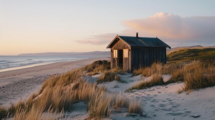 A solitary little wooden cabin on the sandy coastline