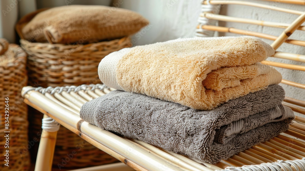Poster arrangement of soft towels on a wicker bench inside close up image room for adding text