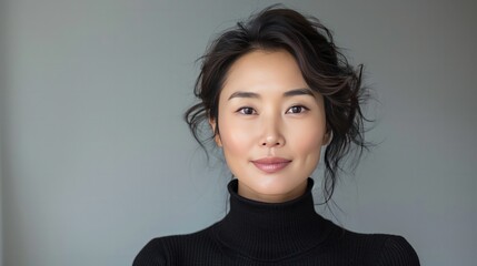 Fototapeta premium Elegant Asian Woman with Minimalist Background: Capture a close-up of an elegant Asian woman with a minimalist background.