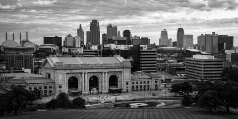Kansas City Missouri Skyline at Sunrise, black and white photo