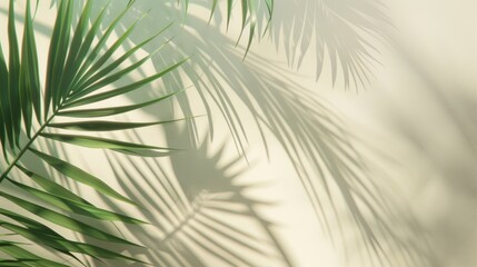 Obraz premium Blurred shadow from palm leaves on light cream wall. Minimalistic beautiful summer spring background for product presentation. 