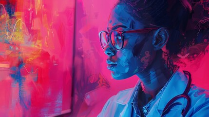 photograph of Illustration of a young female doctor's face in front of a computer screen, in the style of vibrant abstract portraits