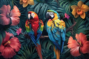 Tropical forest , birds and flowers , wallpaper , mural wall. AI generated illustration