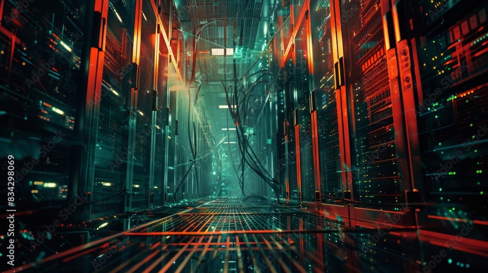Aufkleber a backdrop of a server room with network cables and lights, network, dynamic and dramatic compositio