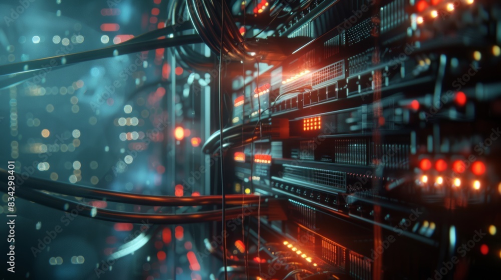 Aufkleber a backdrop of a server room with network cables and lights, network, dynamic and dramatic compositio