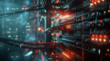 Obraz premium A backdrop of a server room with network cables and lights, network, dynamic and dramatic compositions