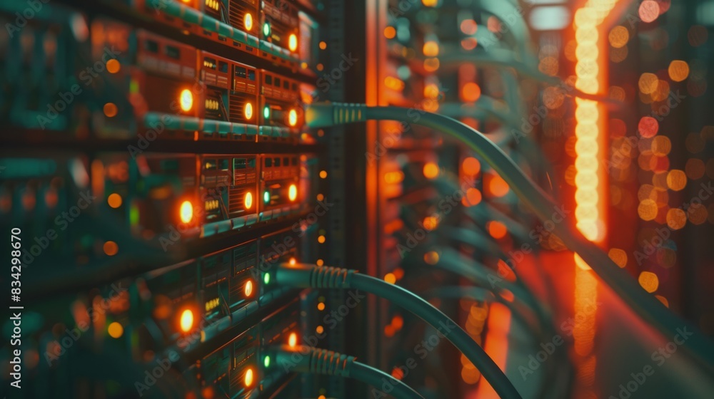 Poster a backdrop of a server room with network cables and lights, network, dynamic and dramatic compositio