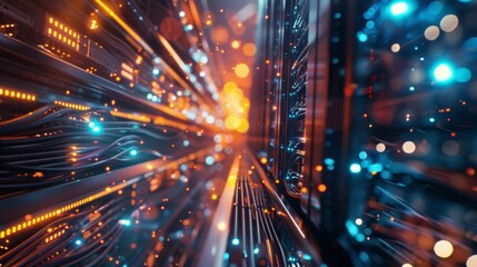 Naklejka premium A backdrop of a server room with network cables and lights, network, dynamic and dramatic compositions