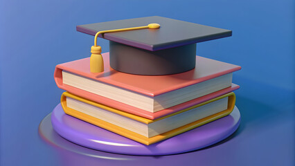 Graduation concept, 3D rendering, graduation cap on stack of books