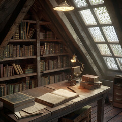 Fototapeta premium Attic Charm: Cozy Space with a Charming Writing Nook and Old Books