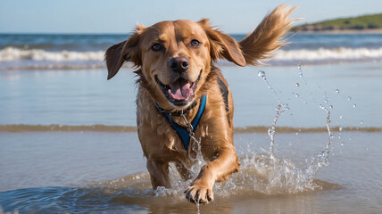 Cute happy playful dog playing at sunny beach, seaside or ocean-shore view