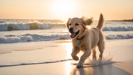 Cute happy Golden Retriever dog playing at sunny sandy beach, seaside or ocean-shore view with impressive sunlights