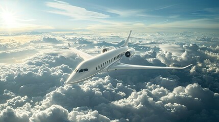 Naklejka premium Airplane flying above the clouds. Futuristic Airplane Gracefully Glides Above the Clouds, Embracing Sustainable Air Travel's Golden Age
