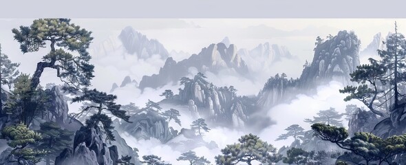 Landscape wallpaper design, oil painting, mountain and trees, mural art. AI generated illustration