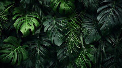 Group background of dark green tropical leaves. Generative AI