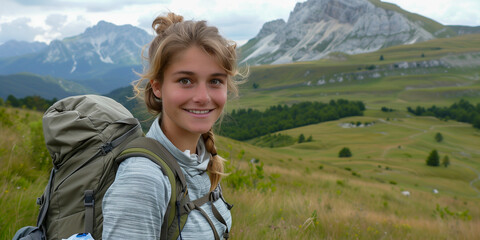 Naklejka premium A happy woman enjoying a scenic mountain hike.