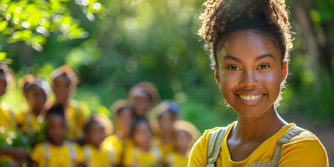 A cheerful woman volunteering at a community event.


