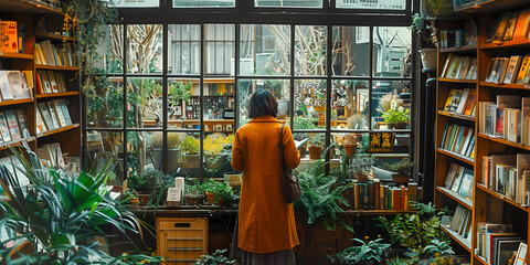 A cheerful woman browsing through books in a cozy bookstore.
