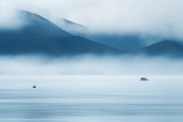 Veiled Majesty Fog and Mist Blanketing the Open Sea and Coastal Peaks