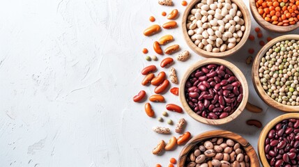 Assorted varieties of dried beans and legumes in wooden bowls on a white table Top view Plant based sources of protein for vegans with space for text