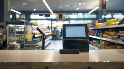 Self-Checkout Station: A self-checkout station in a supermarket with an empty screen or area for adding text or graphics