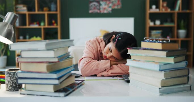 Girl, student and tired or sleep in home for task with calculator for project, report and assignment for accounting. Learner, bored and books for studying or fatigue, wonder and solution for equation