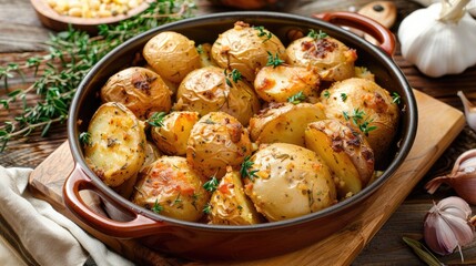 Baking dish filled with recently cooked whole potatoes seasoned with thyme set on a wooden table Stuffing ingredients laid out on a cutting board top down view