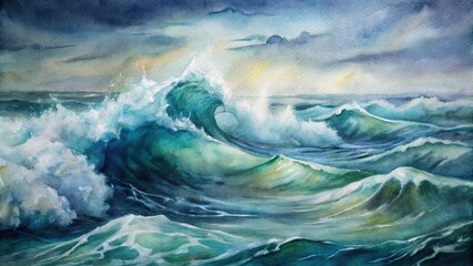 Sea waves storm background in watercolor, ocean, sea, waves, storm, watercolor, nature, background, blue, waves crashing, ocean spray, turbulent, artistic, textured, abstract, power