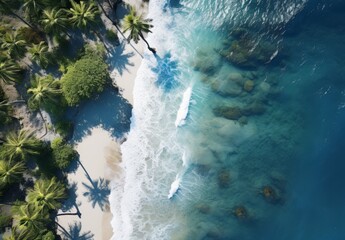 Ethereal Coast Aerial View of Beach and Tree-Covered Shore.