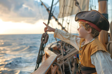 kids in a pirate outfit exploring a pirate ship with treasure chests.