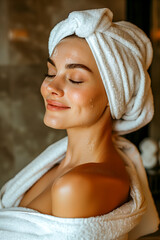 A cheerful woman enjoying a relaxing day at a luxurious spa resort.