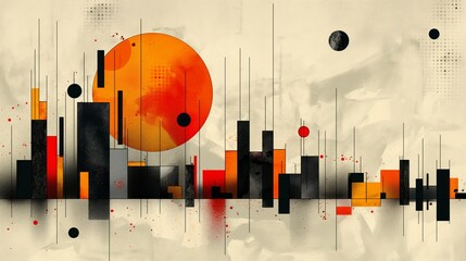 Abstract Modern Cityscape With Geometric Shapes, Vibrant Sun, Minimalist Design, Mid-Century Modern Art Style, Ideal For Home Decor Or Office Space, Autumn Color Palette, Landscape Orientation