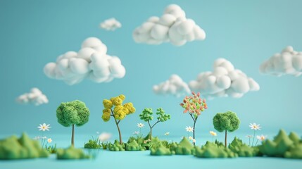 Fototapeta premium Cute Clay Animation on Vibrant Background with Scattered White Clouds, Whimsical Art Style