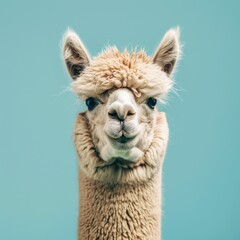 Obraz premium Curious Alpaca Portrait in Front of Pale Blue Background, Animal Gazing at Camera with Gentle Expression