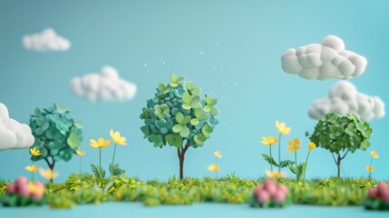Obraz premium Cute Clay Animation on Vibrant Background with Scattered White Clouds, Whimsical Art Style