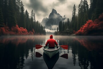 Autumn Voyage Man in Red Canoe Amidst Foggy Lake and Red Trees