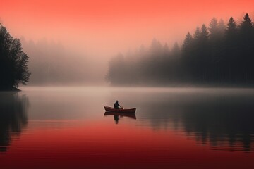 Crimson Horizon Paddling Through Misty Waters with Red Sky Reflections
