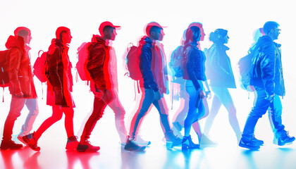 A group of people walking in a line, with some wearing backpacks